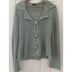 Magaschoni Chunky Crochet M Open Knit V Neck Collarded Cardigan Seafoam Coastal